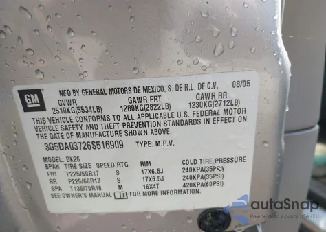 2006 Buick Rendezvous Cx from USA, damaged, VIN 3G5DA03726S516909